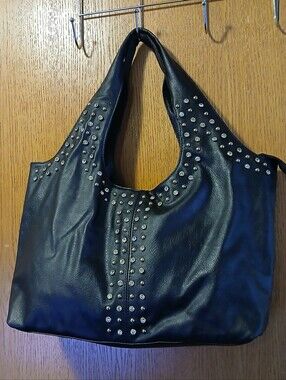 Stephanie Nicole Black Faux Leather Studded Rhinestone Hobo Shoulder Bag